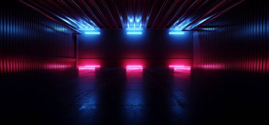 Bilimkurgu Stüdyosu Sahnesi Karanlık Oda Yeraltı Deposu Neon Önde Lazer Parlayan Mavi Pantalon Beton Döşeme Yansımalı Siber 3d Görüntü