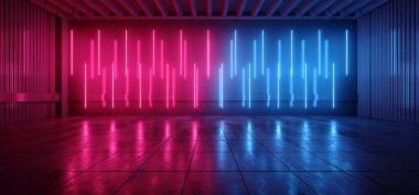 Bilimkurgu Stüdyosu Karanlık Oda Garajı Neon Neon Önde Parlak Lazer Parlak Mor Kirişler Beton Döşeme Yansıması Boş Siber 3d Görüntü