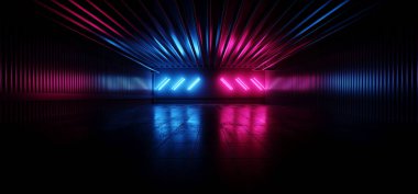 Bilimkurgu Stüdyosu Karanlık Oda Garajı Neon Neon Önde Parlak Lazer Parlak Mor Kirişler Beton Döşeme Yansıması Boş Siber 3d Görüntü