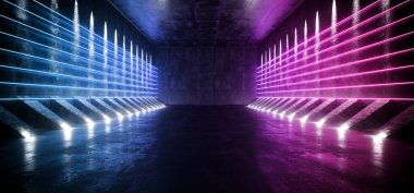 Koyu Bilimkurgu Boş Modern Geleceğin Uzay Gemisi Tünel Koridoru Grunge Yansıtıcı Beton Doku Mor Mavi Neon Parlak Hat Tüpleri Arkaplan Işıkları 3d Resim