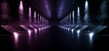 Karanlık Boş Bilim Kurgu Geleceği Kurgu Modern Uzaylı Gemisi Koridoru Grunge Beton Malzeme Mor Lens Işıklar Yansımalar Arkaplan Konsepti 3d Resim