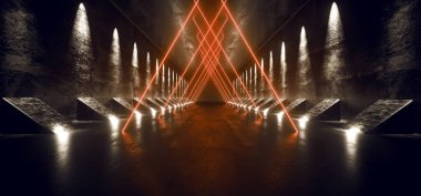 Karanlık Bilim-Kurgu Boş Modern Geleceğin Uzay Gemisi Koridoru Grunge Yansıtıcı Beton Doku Turuncu Neon Parlak Üçgen Işıklar Arkaplan 3d Resim