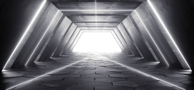 Fütürist Bilim Kurgu Modern Retro Uzay Gemisi Sahnesi Karanlık Boş Beton Koridorlu Neon Parlayan Beyaz Işıklı Koridor 3 boyutlu Görüntü Çizimi