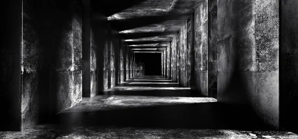 Long Sci Fi Empty Minimalistic Dark White Lighted Grunge Concrete Black End Corridor Tunnel With Empty Space For Text And Big Concrete Columns 3D Rendering Illustration