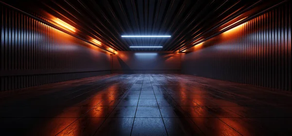 Bilimkurgu Stüdyosu Sahnesi Karanlık Oda Yeraltı Deposu Neon Önde Parlak Portakal Beton Döşeme Yansımalı Siber 3d Resim