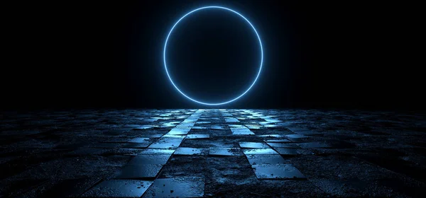 Sci Fi Futuristic Dark Night  Neon Laser Classic Pantone Blue Beams Circle Rough Tiled Ground Concrete Stone TIles Reflective Cyber Virtual Glowing 3D Rendering Illustration