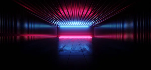Bilimkurgu Stüdyosu Sahnesi Karanlık Oda Yeraltı Deposu Neon Önde Lazer Parlayan Mavi Pantalon Beton Döşeme Yansımalı Siber 3d Görüntü