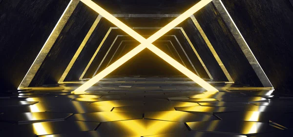 Futuristic Modern Sci Alienship Hexagon Floor Reflective Tunnel Corridor Glowin — Stock Photo, Image