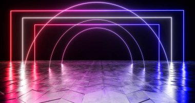 Fütüristik Sci-Fi dikdörtgen şeklinde Neon Tüp hareketli mor ve mavi parlayan ışıklar üzerinde yansıtıcı eğik kaba beton yüzey karanlık oda boş uzayda 3d render illüstrasyon
