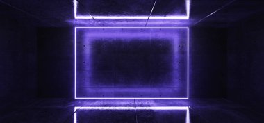 Fütürist Modern Bilim Kurgu Neon Parlak Mor Mor Mavi Siber Pantone Boş Dikdörtgen Çerçeve Tüpü Grunge Rough Beton Odası 3d Görüntü