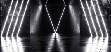 Dark Neon Arkaplan Bilim Kurgu Modern Futuristik Grunge Beton Odası Dikey Beyaz Parlayan Işık Tüpleri Lazerler Metin ve Yansımalar 3d Resimlendirme