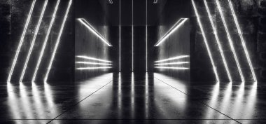 Dark Neon Arkaplan Bilim Kurgu Modern Futuristik Grunge Beton Odası Dikey Beyaz Parlayan Işık Tüpleri Lazerler Metin ve Yansımalar 3d Resimlendirme
