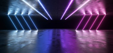 Neon Sahnesi Gösteri Odası Karanlık Bilim Kurgu Uzaylı Grunge Beton Odası Yansıtıcı Doku ve Soyut Mor Lekeli Lazer Parlak Işık Işığı Arkaplan 3D Görüntü Görüntüleme