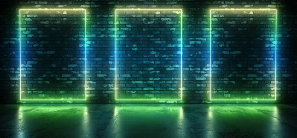 Club Neon Sci Fi Retro Futuristic Glowing Rectangle Frame Shaped Gradient Glowing Green Blue Light On Grunge Brick Wall Concrete Reflective Floor Dark Room 3D Rendering Illustration
