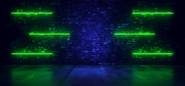Retro Neon Sci Fi Modern Futuristic Neon Glowing Classic Pantone Blue Green Line Lights On Grunge Brick  Glowing Wall Concrete Reflection Floor Dark Room Empty 3D Rendering Illustration