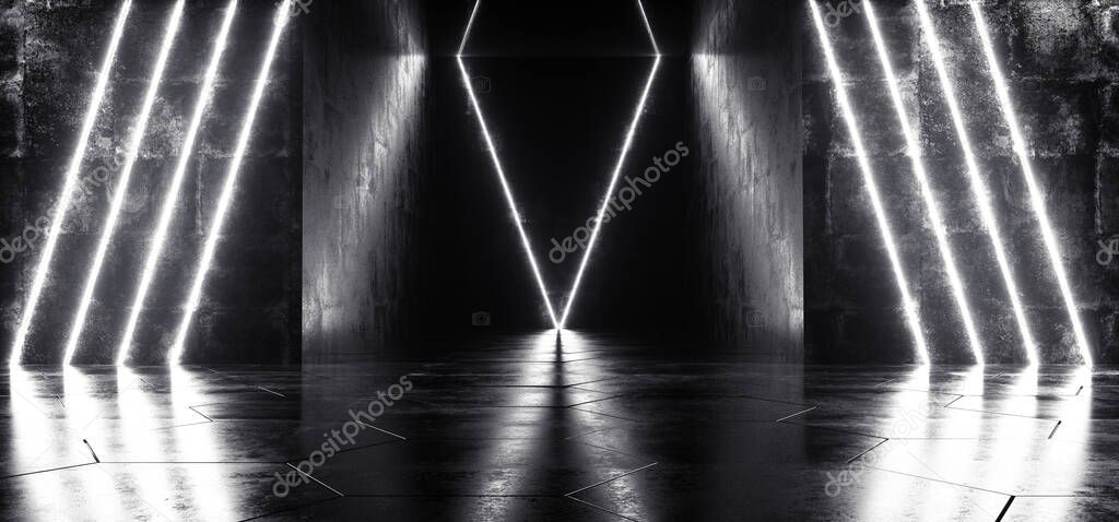 Dark Neon Background Sci Fi Modern Futuristic Grunge Concrete Room Vertical White Glowing Light Tubes Lasers Empty Space For Text And Reflections 3D Rendering Illustration