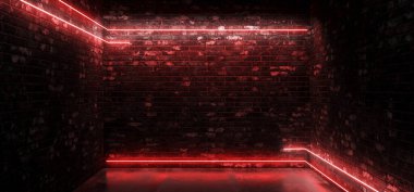 Karanlık Bilim Kurgu Modern Geleceği Boş Grunge Tuğla Duvar Odası Kırmızı Parlayan Işıklar Beton Döşeme Neon Yatay Çizgi Işık Şekilleri Boş Boşluk 3B Resim