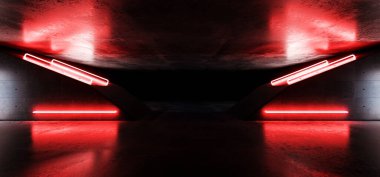 Fütürist Modern Bilim Kurgu Gerçekçi Grunge Beton Yansıtıcı Karanlık Yeraltı Tüneli Koridoru Parlak Kırmızı Lazer Tüpü Işıkları 3D Görüntü
