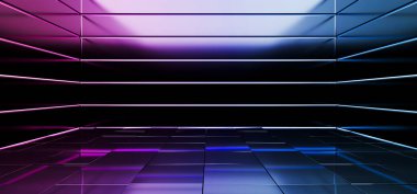 Sci Fi Alien Hall Room Reflective Materials Tiled Floor Striped Led Laser Blue Glowing Lights Empty Space Stage Showroom Dark Vibrant Purple Blue Gradient 3D Rendering Illustration