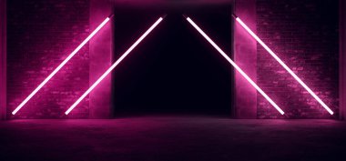 Bilimkurgu Modern Geleceğin Parlak Üçgeni Mor Pembe Parlak Tüplü Işıklar Yansıtıcı Beton Döşeme Tuğla Duvarlar Galeri Odası 3D