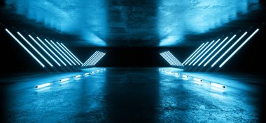 Neon Işıldayan Üçgen Biçimli Bilim Kurgu Efsanevi Modern Zarif Ultraviyole Yolu Üzerinde Pantone Mavi Işıklar Boş Boşluklar Grunge Yansıtıcı Beton 3 boyutlu Görüntü