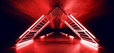 Fütürist bilim kurgu Retro Modern Uzaylı Boş Grunge Beton Odası Neon Parlak Kırmızı Üçgen Yapılı Metal Yapılar 3D Çizim Çizimi