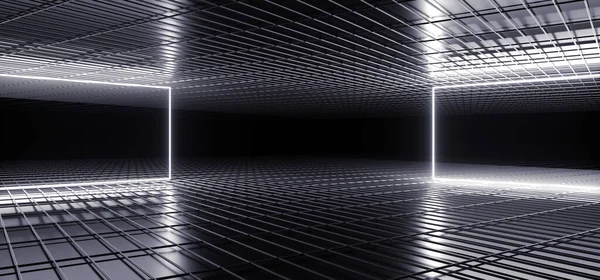 Sci Fi Futuristic Stage Dance Neon Glowing White Rectangle Frame Shaped Lines In Dark Empty Metal Reflective Mesh Surface Tunnel Room Hall 3D Rendering Illustration