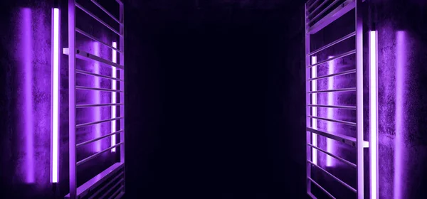 黑暗空隙混凝土隧道走廊三维渲染图解中的Scfi未来异形振动器Neon发光紫色紫罗兰管灯金属矩形结构 — 图库照片
