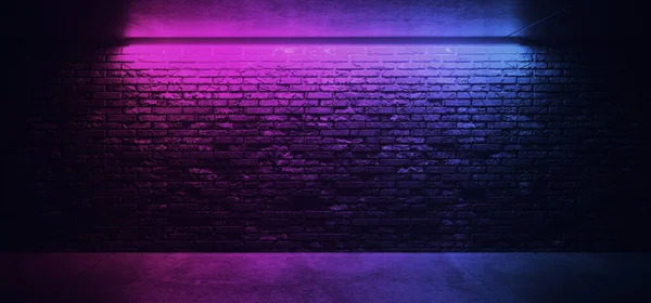 Boş Neon Parlak Mor Mor Mor Işık Grunge 'da Canlı Tuğla Duvar Metin ve Beton Döşeme Klübü Sahne Odası Sahne Arkası Zarif 3D Resim Çizimi İçin Boş