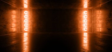 Bilimci Fütürist Neon Işıltılı Modern Zarif Lazer Işıltılı Koyu Turuncu Parlak Sahne Podyum Işıkları Yansıtıcı Grunge Beton Tünel Koridoru Koridor Odası 3B Görüntü