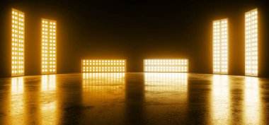 Siber Neon Parlayan Bilim Kurgu Modern Fütürist Büyük Boş Portakal Parlayan Sahne Sahnesi Klübü Dansı Koyu Arkaplan Arkaplanda Grunge Beton 3 boyutlu Resim Çizimi