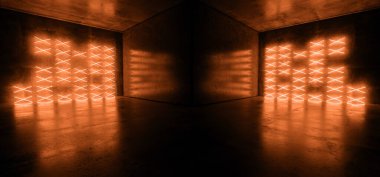 Neon Siber Bilimler Kurgu Futuristik Modern Sahne Çapraz Şekli Turuncu Parlayan Lazer Dans Kulübü Karanlık Grunge Beton Yansıtma Odası Boş Alan 3 boyutlu Çizim