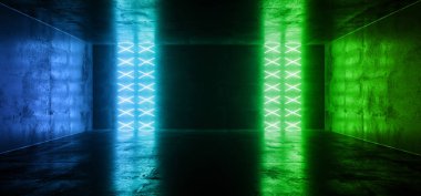 Bilimci Fütürist Neon Işıltılı Modern Zarif Lazer Işıl ışıl parlayan Mavi Parlak Sahne Podyumu Işıkları Yansıtıcı Grunge Beton Tünel Koridoru Koridoru 3 boyutlu Resim Odası