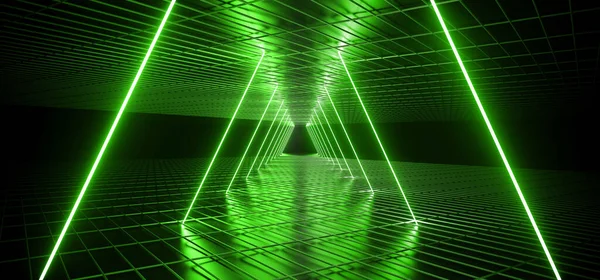 Futuristic Sci Fi Dark Club Dance Triangle Shaped Neon Lights Glowing Toxic Green In Empty Reflective Mesh Grid Metal Elegant Modern Room 3D Rendering Illustration