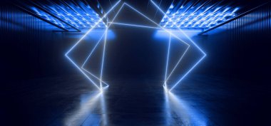 Neon Lazer Bilim Kurgu Falı Fütürist Siber Işıklar Mavi Dikdörtgen Pantone Modern Tünel Koridoru Yeraltı Deposu Beton Yansıtıcı Uzaylı 3d Çizim