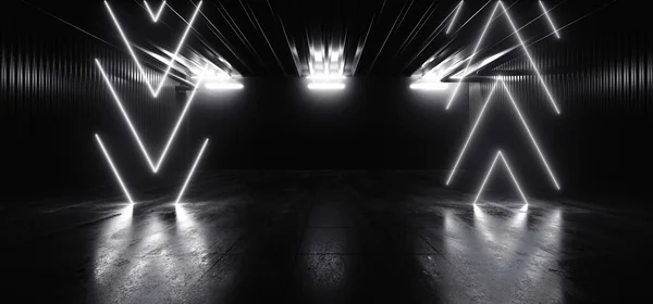 Sci Futuristische Neon Arrows Laser White Glow Concrete Grunge Floor — Stockfoto