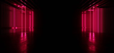 Electric Sci Fi Neon Lazer Feneristik Kırmızı Parlak Sütunlar Garaj Hattı Yeraltı Moda Stüdyosu Beton Boş Klüp 3D Resim Hazırlama