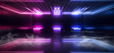 Laser Neon Stüdyosu Mor Mor Mavi Klasik Açık Renkli Renkli Geleceğin Bilim Kurgu Siber Işıklar Parlayan Depo Garajı Yeraltı Otoparkı Boş Karanlık Gece 3d Resim Hazırlama