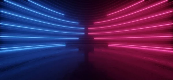 Sci Fi Oval Metal Garage Futuristic Modern Room Stage Podium Glowing Led Neon Laser Light Pantone Blue Purple Reflective Concrete Dark Cyber Virtual 3D Rendering Illustration