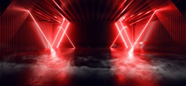 Sci Fi Futuristic Smoke Fog Neon Laser Garage Room Red Electric Cyber Undergound Warehouse Concrete Reflective Studio Podium Club 3D Rendering illustration clipart