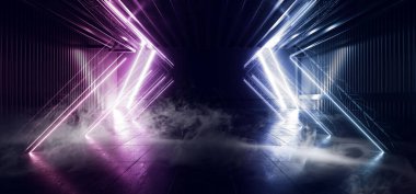 Bilimci Fi Fütücü Duman Neon Lazer Garajı Mor Mavi Pantone Elektrikli Siber Depo Yansıtıcı Stüdyo Podyum 3D Resim