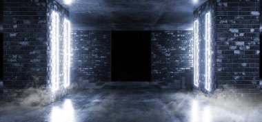 Sci Fi Smoke Neon Club Moda Odası Merdiven Beton Döşeme Parlayan Beyaz Floresan Işıklar Sahne Dans Depo Odası 3D Görüntü