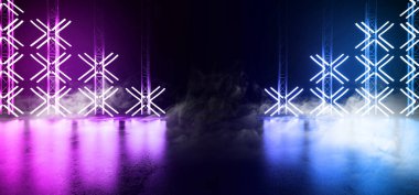 Smoke Laser Neon Sci Fi Futurism Parlayan Mavi Pantone Mor Sahne Işıkları X Shaped Electric Vibrant Yansıtıcı 3D Resim