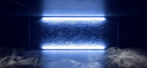 現代煙科学Fi未来型フロストガラスレンガウォールダーククラブネオンレーザーパントンブルー電気蛍光ウォールサインコンクリートセメントガレージ3Dレンダリングイラスト — ストック写真