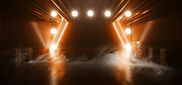 Bilimci Fütürist Duman Sisi Neon Lazer Garajı Turuncu Elektrik Sanal Altlı Depo Yansıtıcı Stüdyo Podyumu 3D Resim