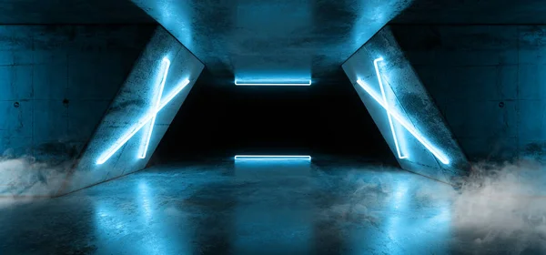 Smoke Laser Neon Pantone Glowing Blue Tunnel Corridor Triangle Columns — стокове фото