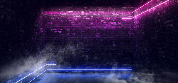 Smoke Futuristic Lines Neon Glowing Laser Purple Pantone Blue Sci Fi Brick Club Fashion Dance Club Garage Warehouse Studio Concrete Cement Floor Cyber Alien 3D Rendering illustration
