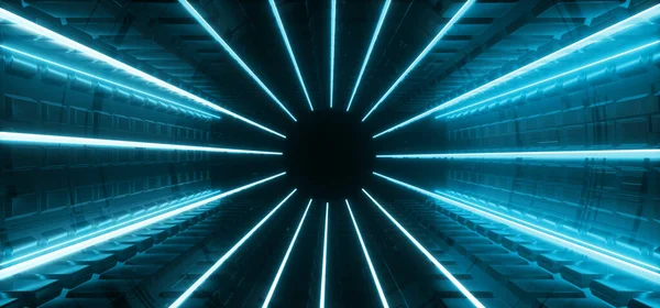 未来主义网络科幻宇宙学虚拟现实霓虹灯激光发光Pantone经典蓝灯圆形隧道走廊外星宇宙飞船3D渲染示例 — 图库照片