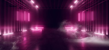 Bilimci Fütürist Duman Arkaplan Beton Mor Mavi Elektrikli Çimento Lazer Led Parlayan Işıklar Karanlık Gece Stüdyosu Koridor Depo Sahne Sahne Sahnesi Siber Sanal 3D