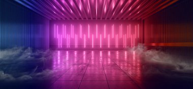 Bilimci Fütürist Duman Arkaplan Beton Mor Mavi Elektrikli Çimento Lazer Led Parlayan Işıklar Karanlık Gece Stüdyosu Koridor Depo Sahne Sahne Sahnesi Siber Sanal 3D